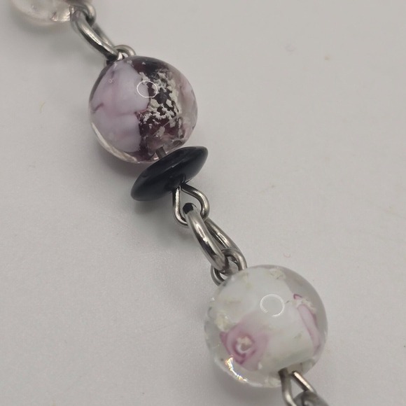 Handmade Geometric Beaded Necklace Silver Tone Square Links Boho Artsy - Picture 3 of 9